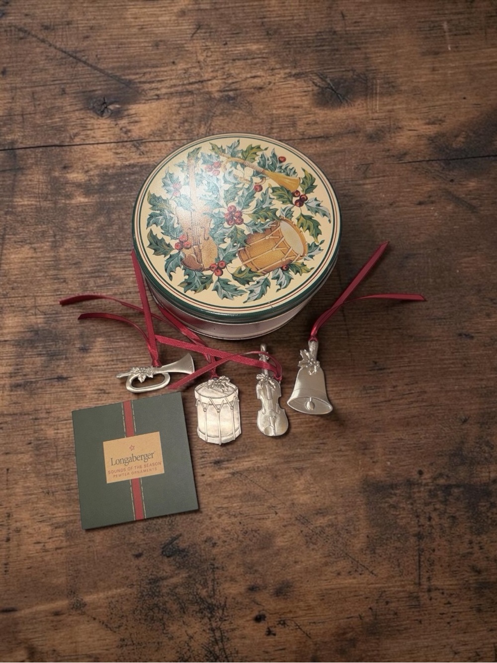 Longaberger Cream and Green Holiday Tin with Red Ribbon and Silver Charms
